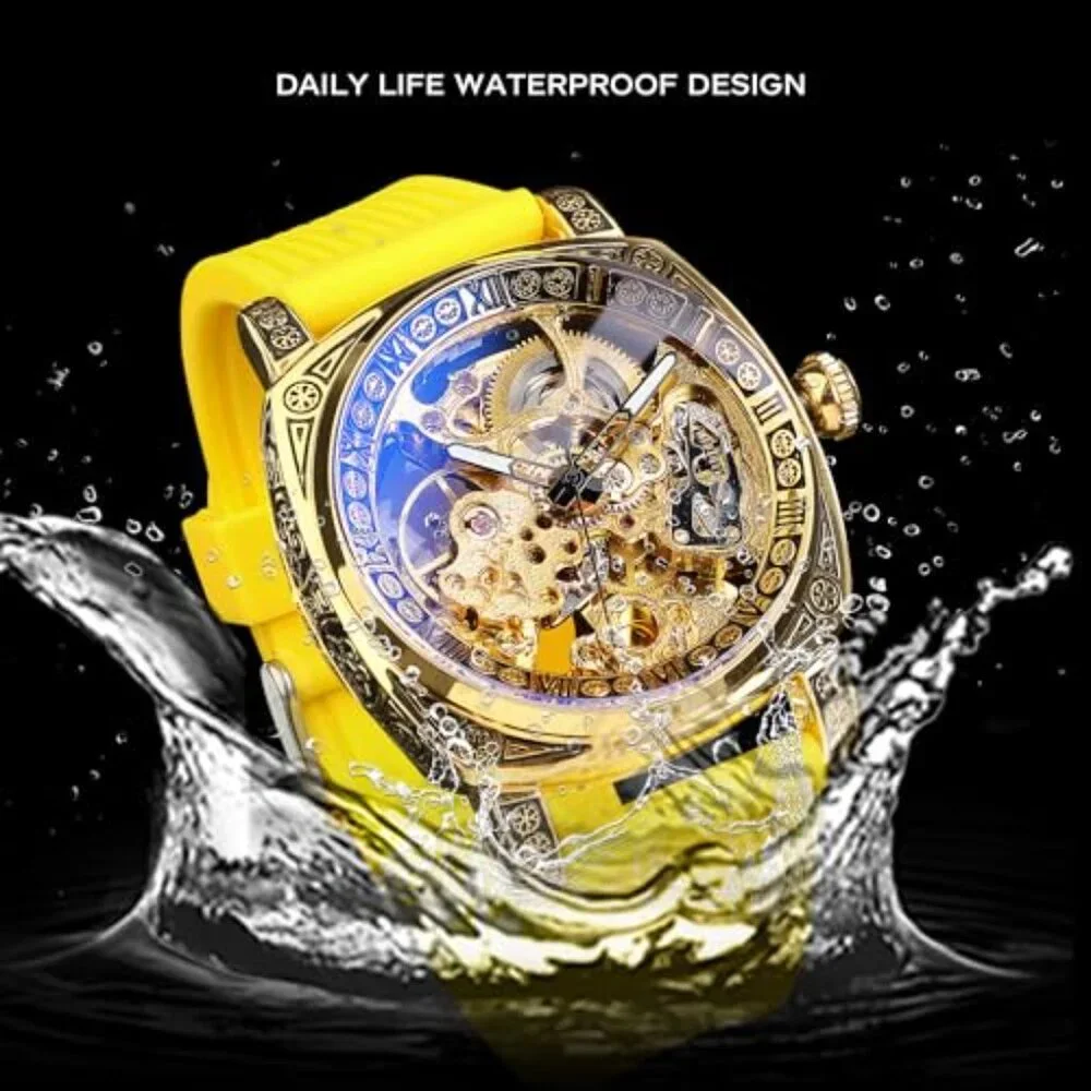 Men's Square Skeleton Automatic Watch, Stainless Steel Case, Leather Strap